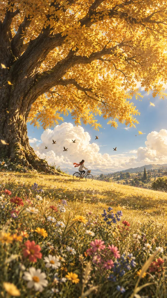 A cyclist rides through a golden meadow beneath a large autumn tree surrounded by clouds, birds, and colorful wildflowers.