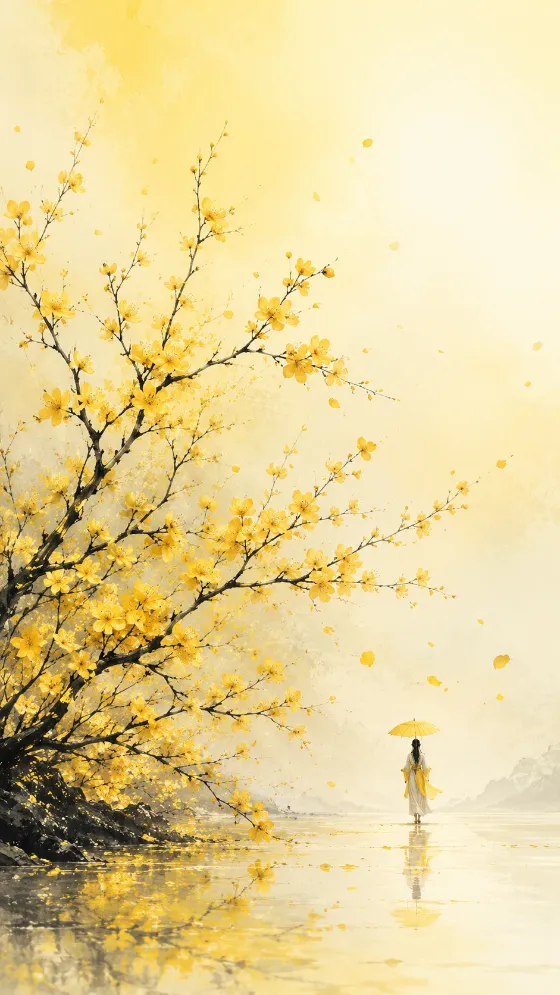 Vertical yellow botanical wallpaper with flowering branches, floating petals, a yellow parasol, and reflective wet ground.