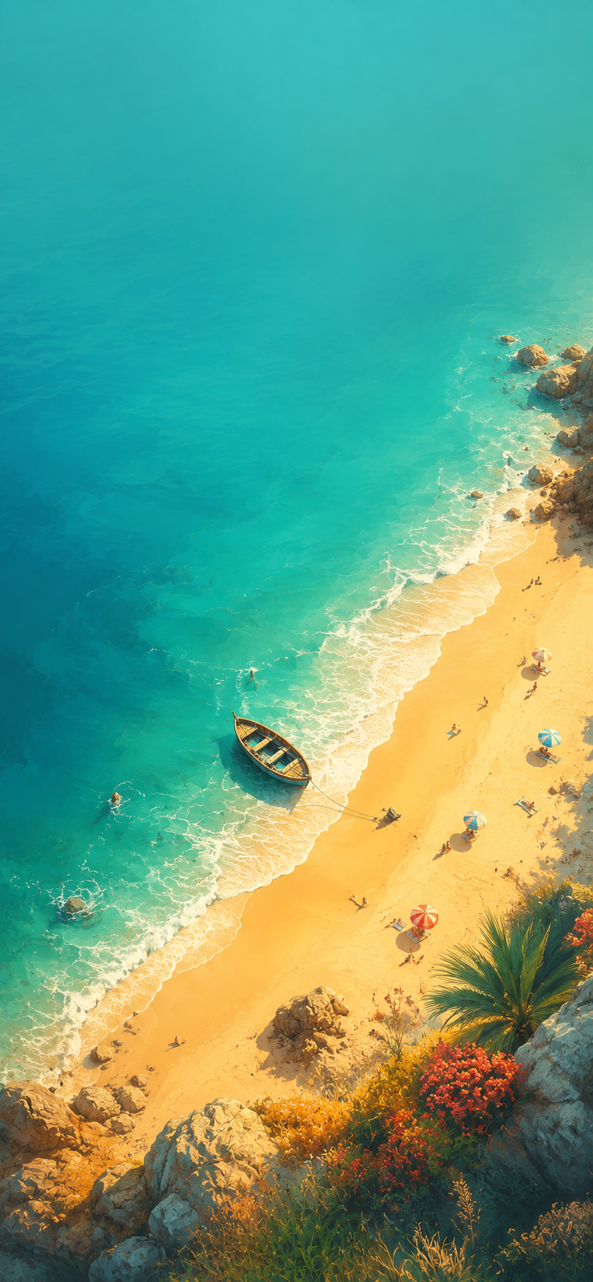 Aerial painterly illustration of a turquoise coastline, golden beach, and a wooden boat resting near the shoreline.