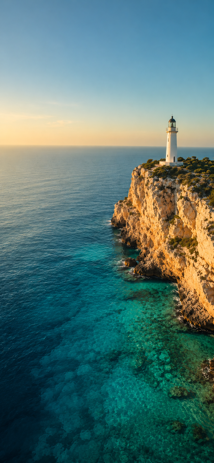 White lighthouse standing on a golden limestone cliff overlooking a vast turquoise ocean.