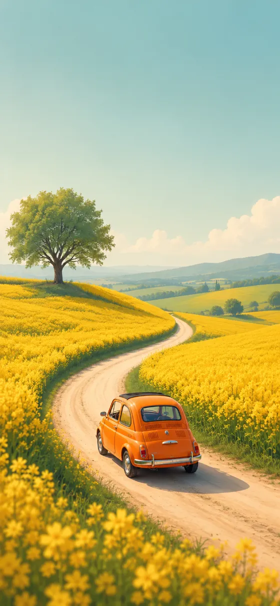 Vintage orange driving along a winding road through golden spring flower fields beneath a peaceful sky.