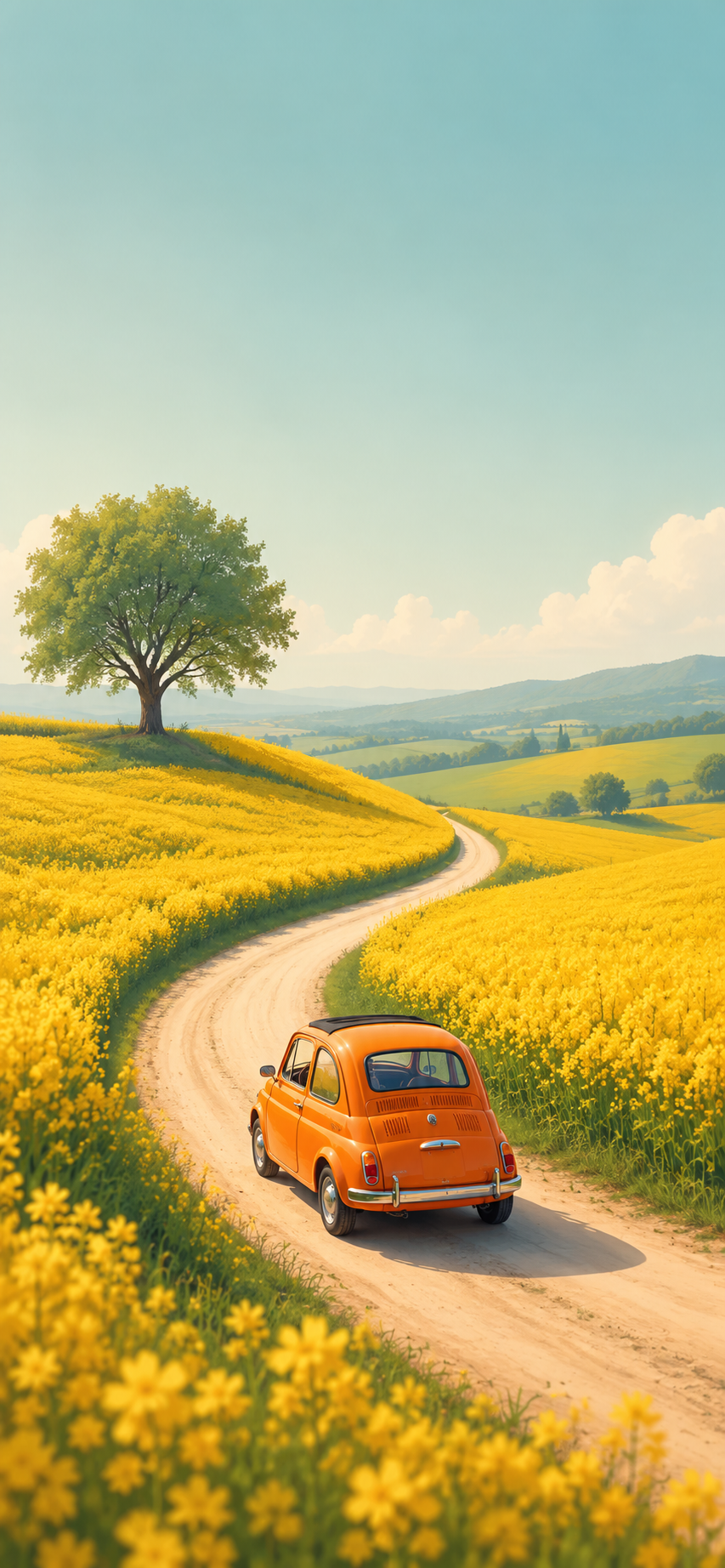 Vintage orange driving along a winding road through golden spring flower fields beneath a peaceful sky.