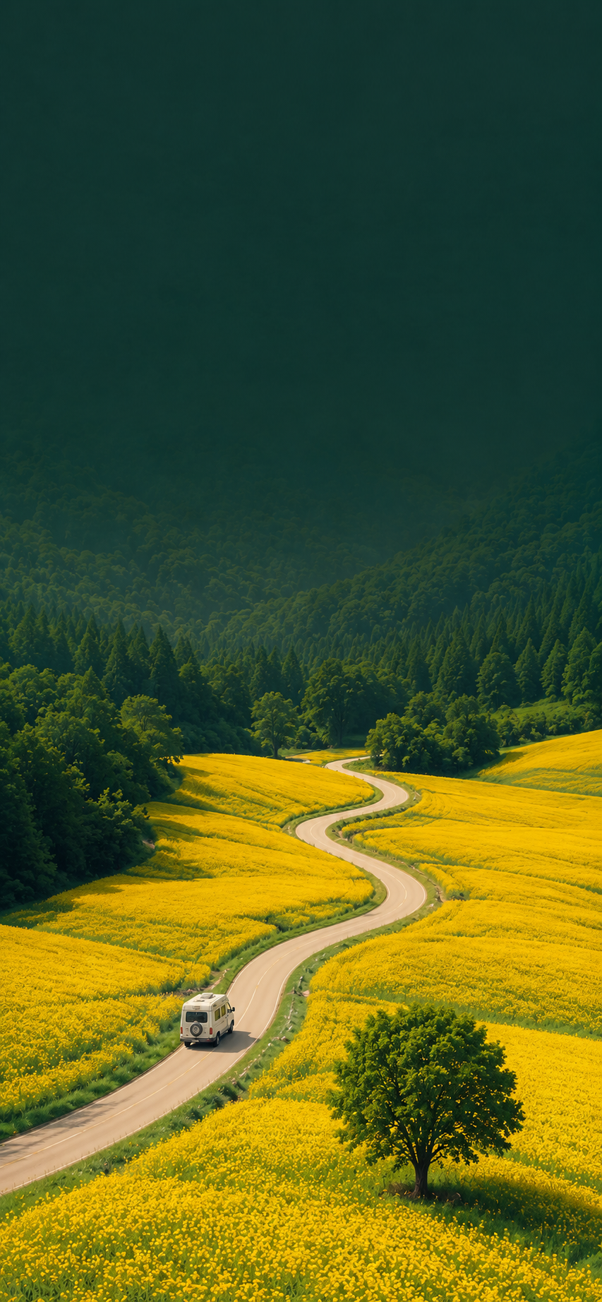 Aerial illustration of a winding road through golden fields with a small camper van and a lone tree.