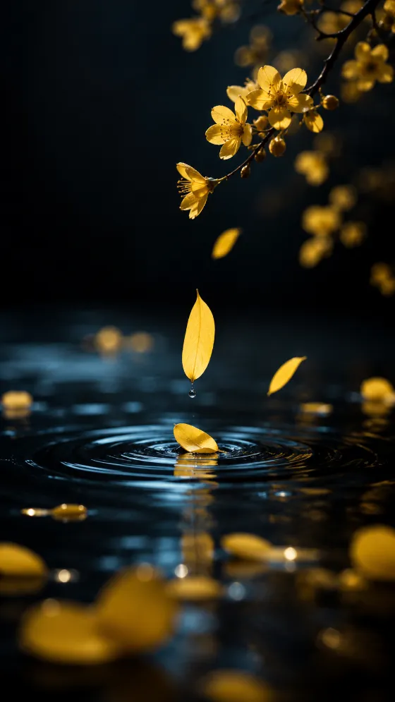 Golden Petals on Dark Water Wallpaper for phone wallpaper