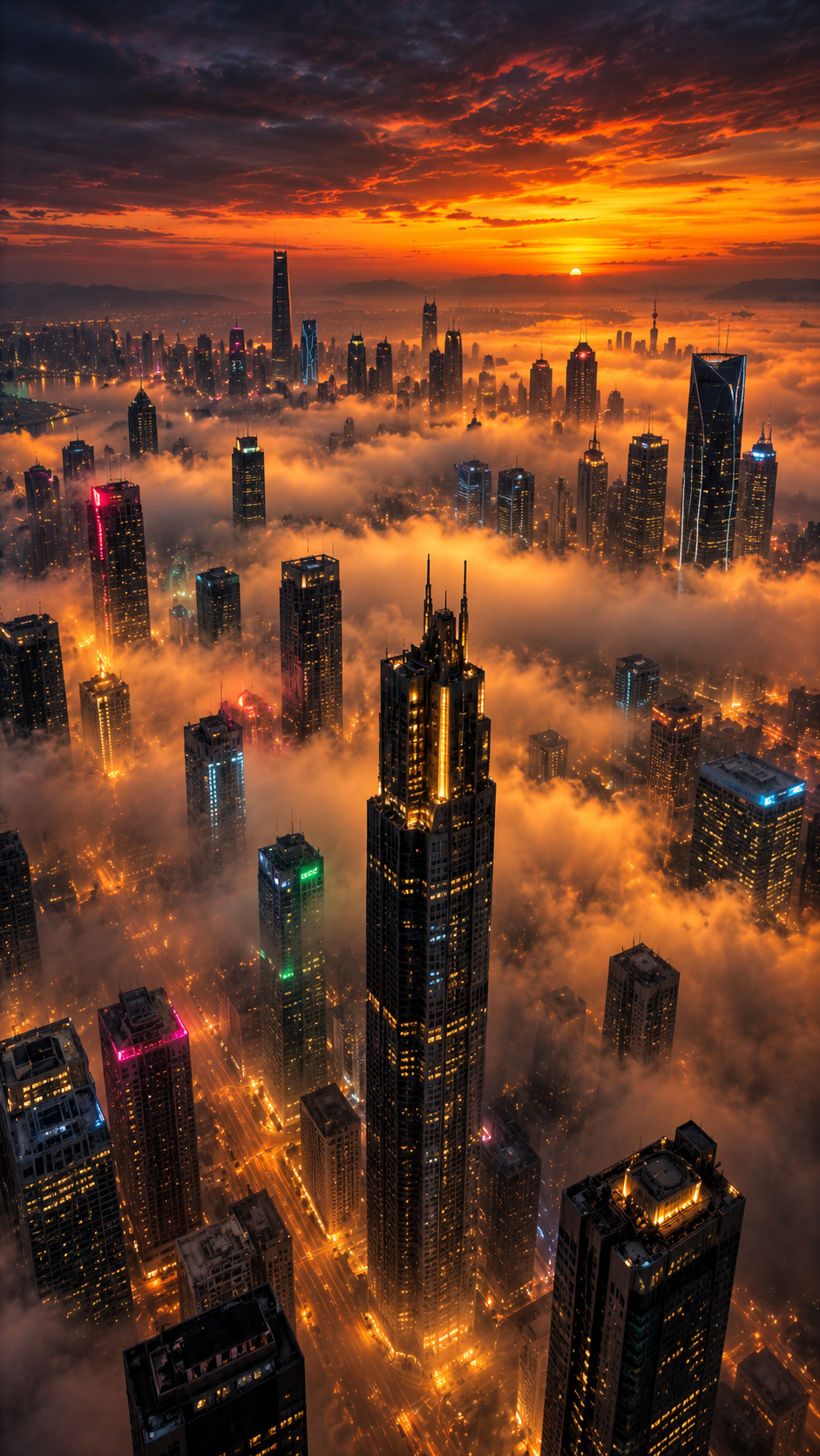 Golden Fog City Skyline Wallpaper for phone wallpaper