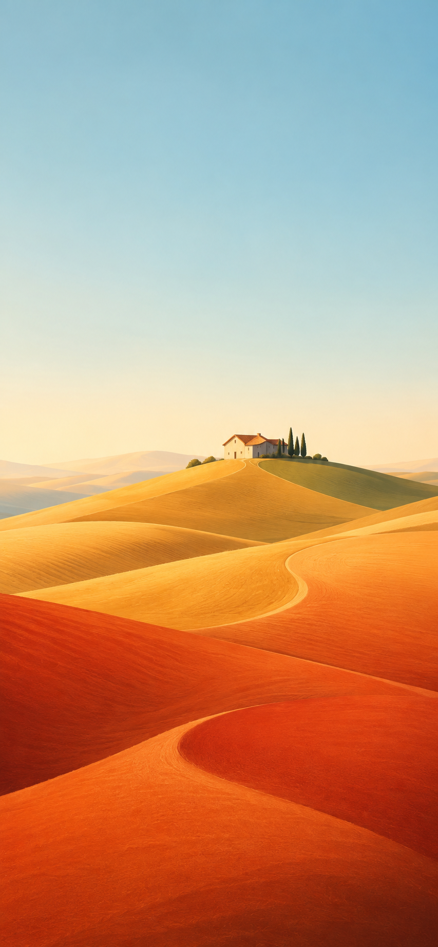 Minimal Mediterranean countryside with rolling golden hills and a distant farmhouse beneath a clear blue sky.