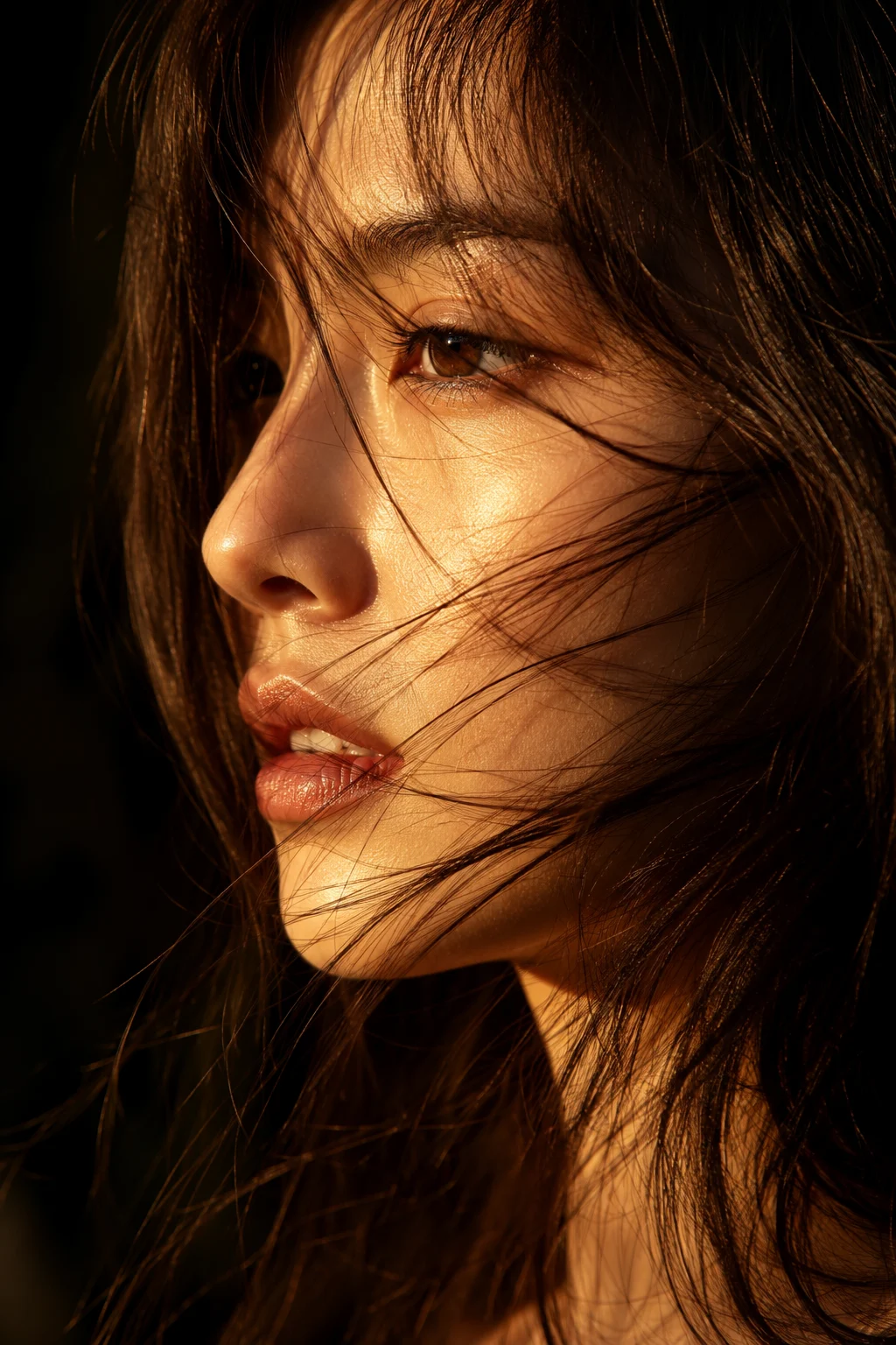 Close-up editorial portrait in golden-hour light with wind-blown hair and amber eyes.