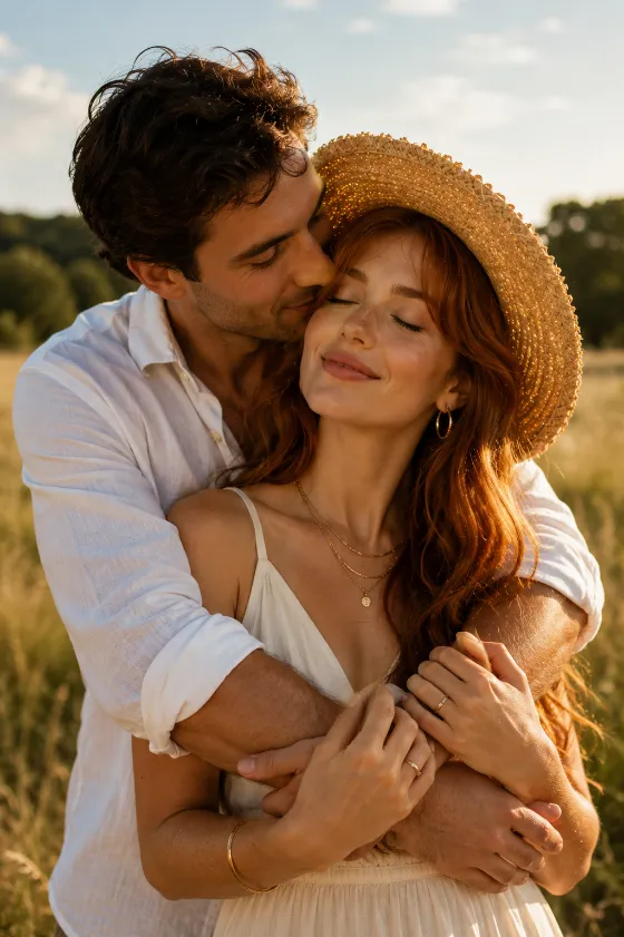 Golden hour couple portrait in a sunlit meadow with a warm embrace.