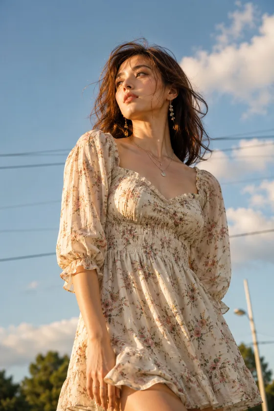 Outdoor editorial portrait of a fashion subject in a floral dress under warm golden-hour sunlight.