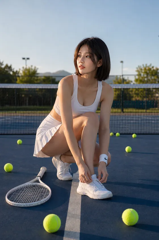 Editorial portrait of a fashion subject crouching on a tennis court while adjusting a sneaker beside a tennis racket and scattered tennis balls.