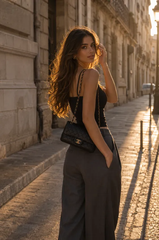 Golden-hour editorial fashion portrait on a sunlit stone street, featuring a black camisole, charcoal wide-leg trousers, and a quilted leather shoulder bag.