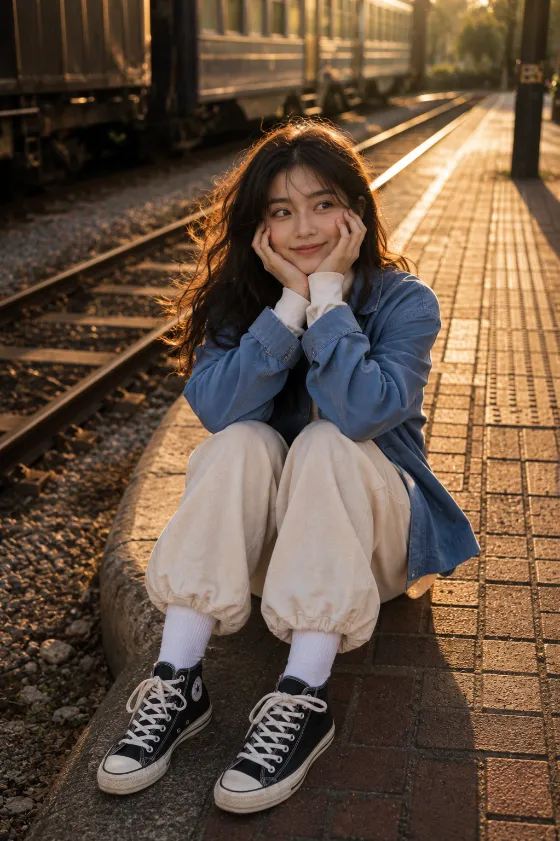 Casual editorial portrait photographed beside railway tracks during golden hour.