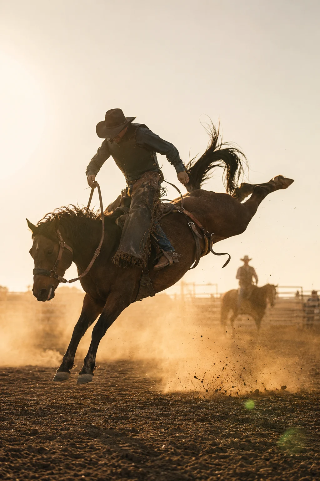 Backlit rodeo rider on a dark bucking horse airborne above a dusty arena at golden hour.