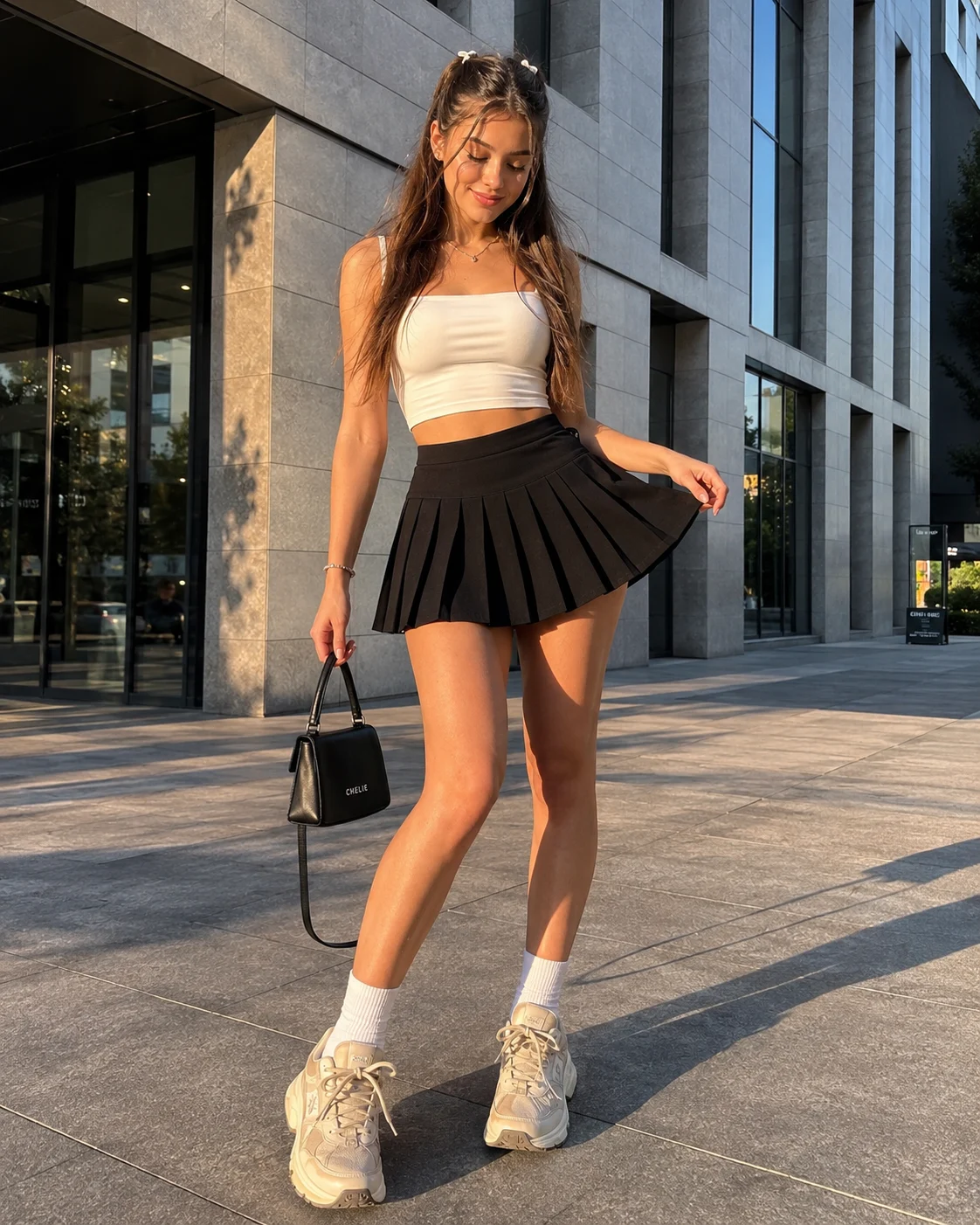 Young woman in a white cropped top and black pleated mini skirt posing in a modern plaza at golden hour with white socks, chunky beige sneakers, and a black handbag.