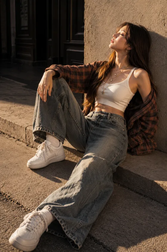 Vertical golden-hour fashion editorial with plaid layering, oversized denim, white sneakers, and long urban shadows.