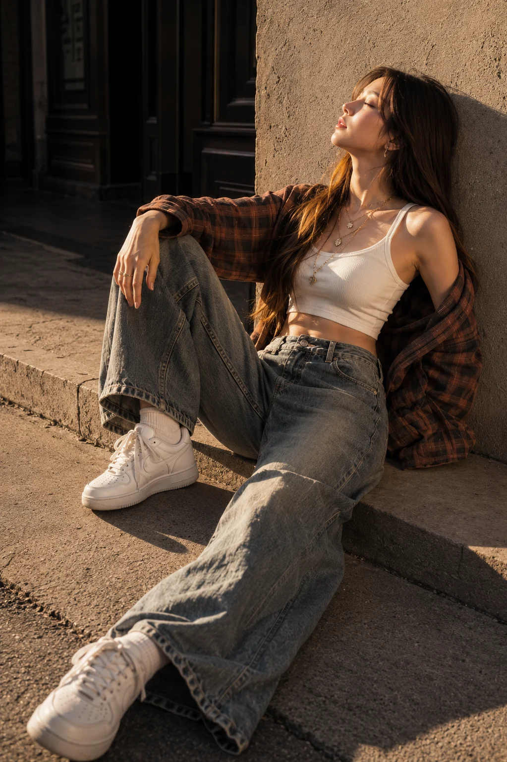 Vertical golden-hour fashion editorial with plaid layering, oversized denim, white sneakers, and long urban shadows.