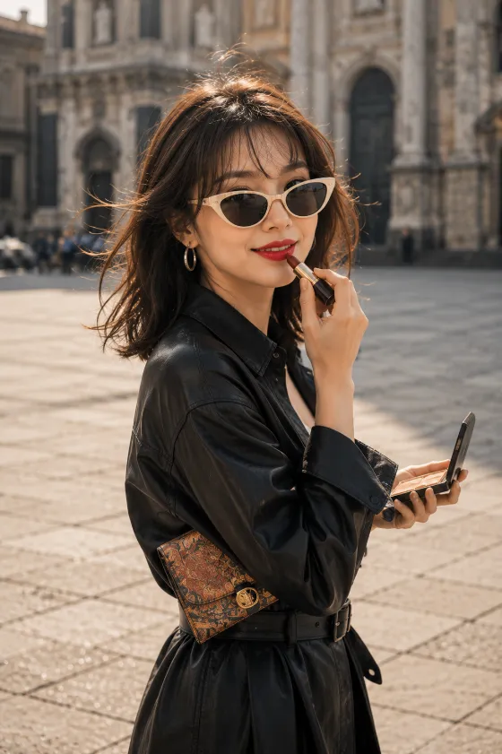 Editorial beauty portrait captured in a historic city square with warm natural light.