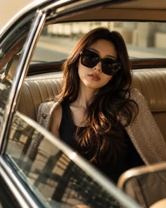 Golden hour editorial portrait inside a vintage luxury automobile with cream leather seats and oversized sunglasses.