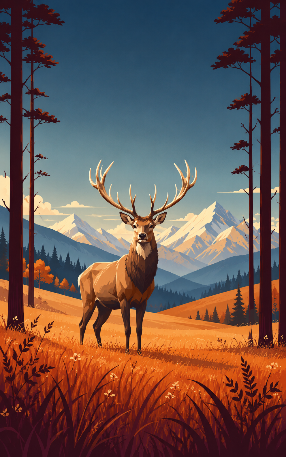 Stylized stag with large antlers standing in an orange meadow between dark forest trees with distant mountains and blue sky.