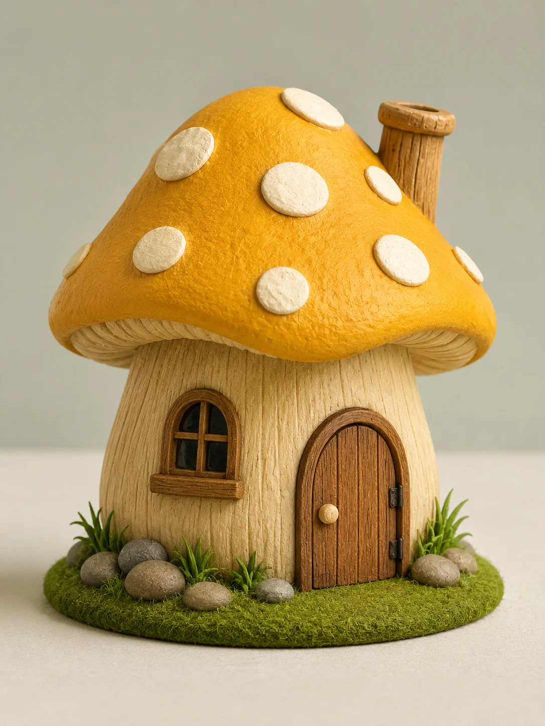 Golden mushroom-shaped cottage standing on a small grass platform in a neutral studio.