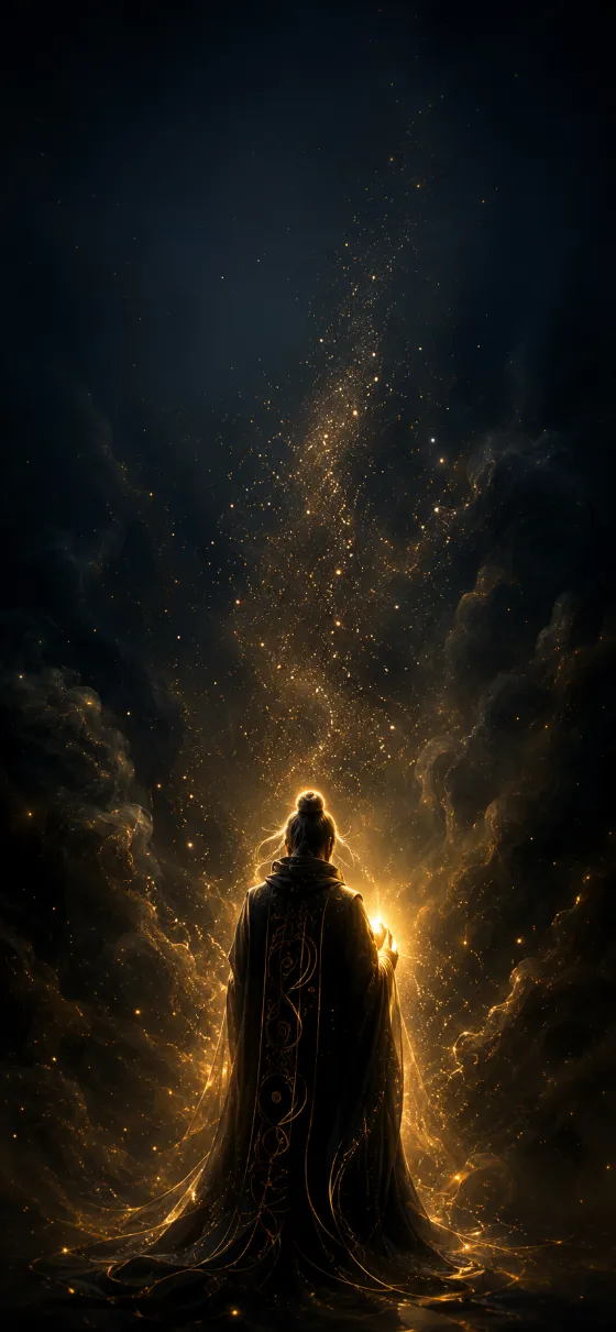 Dark fantasy wallpaper with a robed figure holding golden light beneath a field of glowing particles.