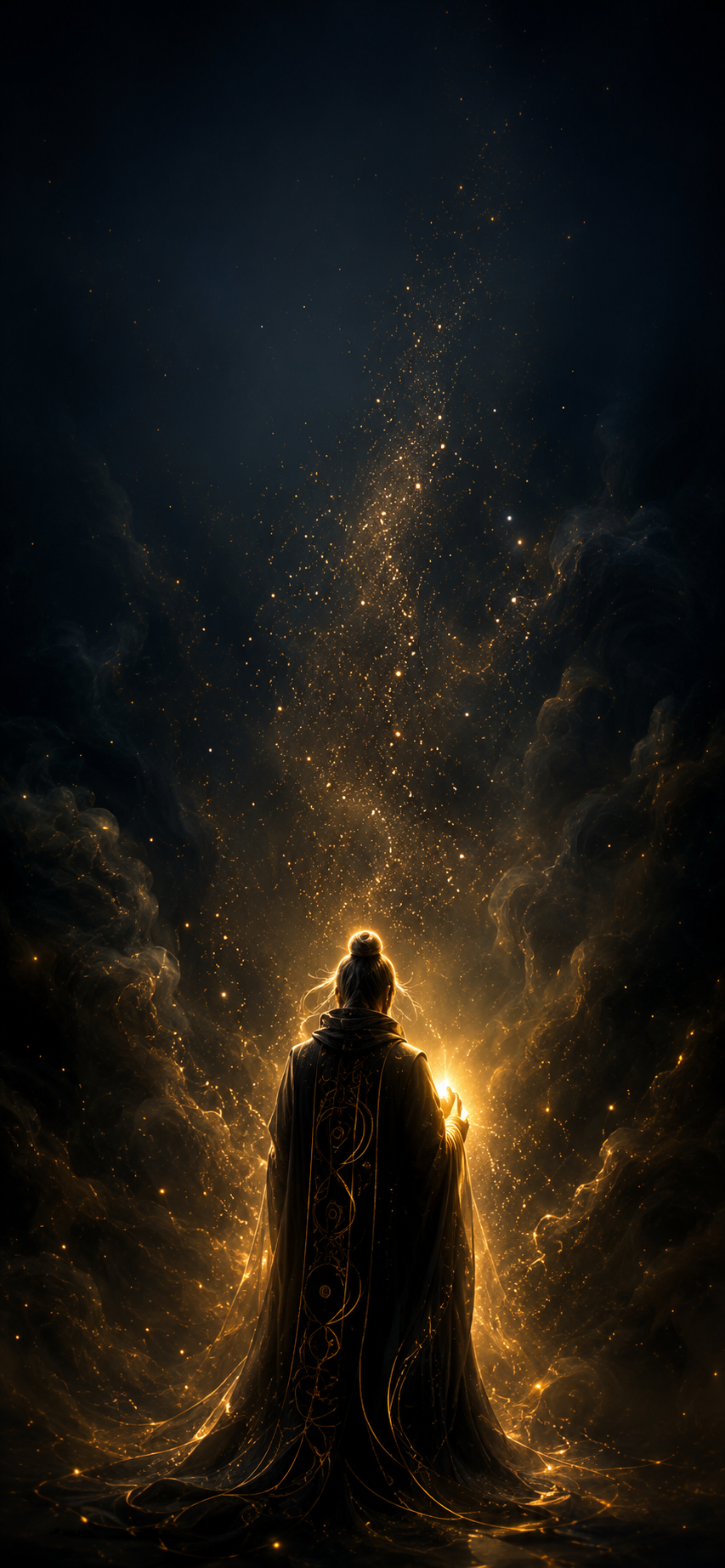 Dark fantasy wallpaper with a robed figure holding golden light beneath a field of glowing particles.