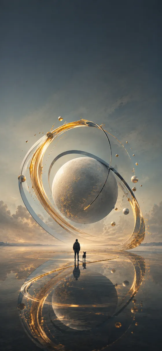 Tiny traveler and dog standing on reflective water before a pale planet-like sphere with sweeping golden orbital rings.