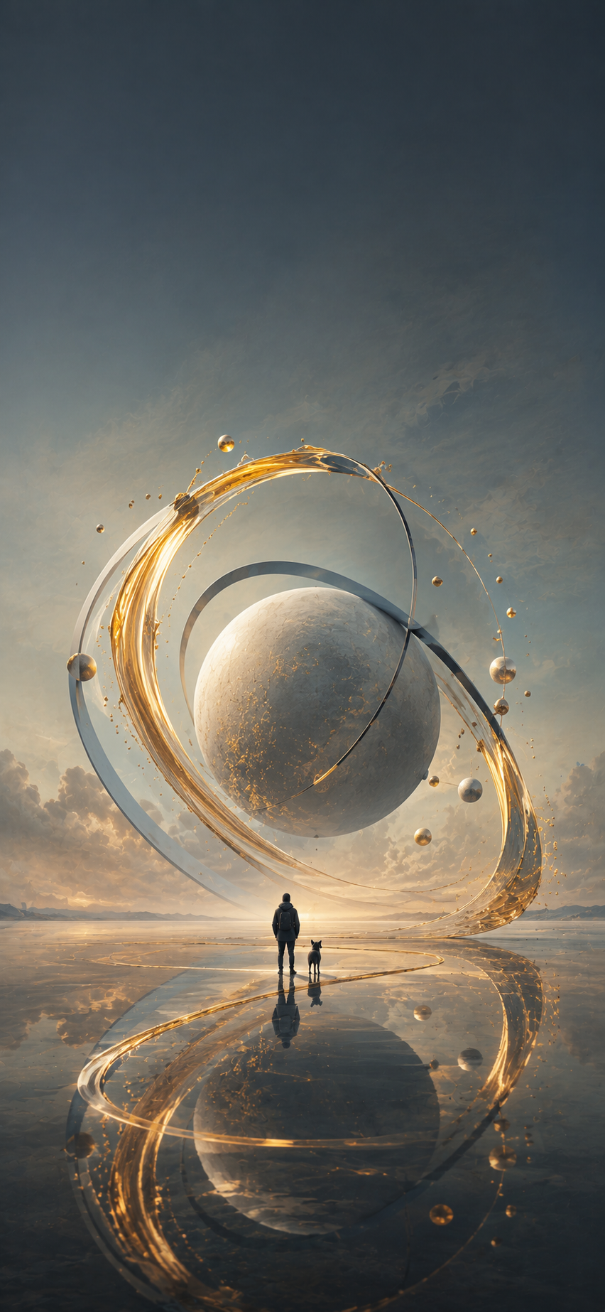 Tiny traveler and dog standing on reflective water before a pale planet-like sphere with sweeping golden orbital rings.