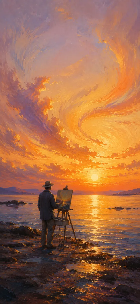 A lone painter standing beside reflective water beneath a glowing expressive sunset sky.