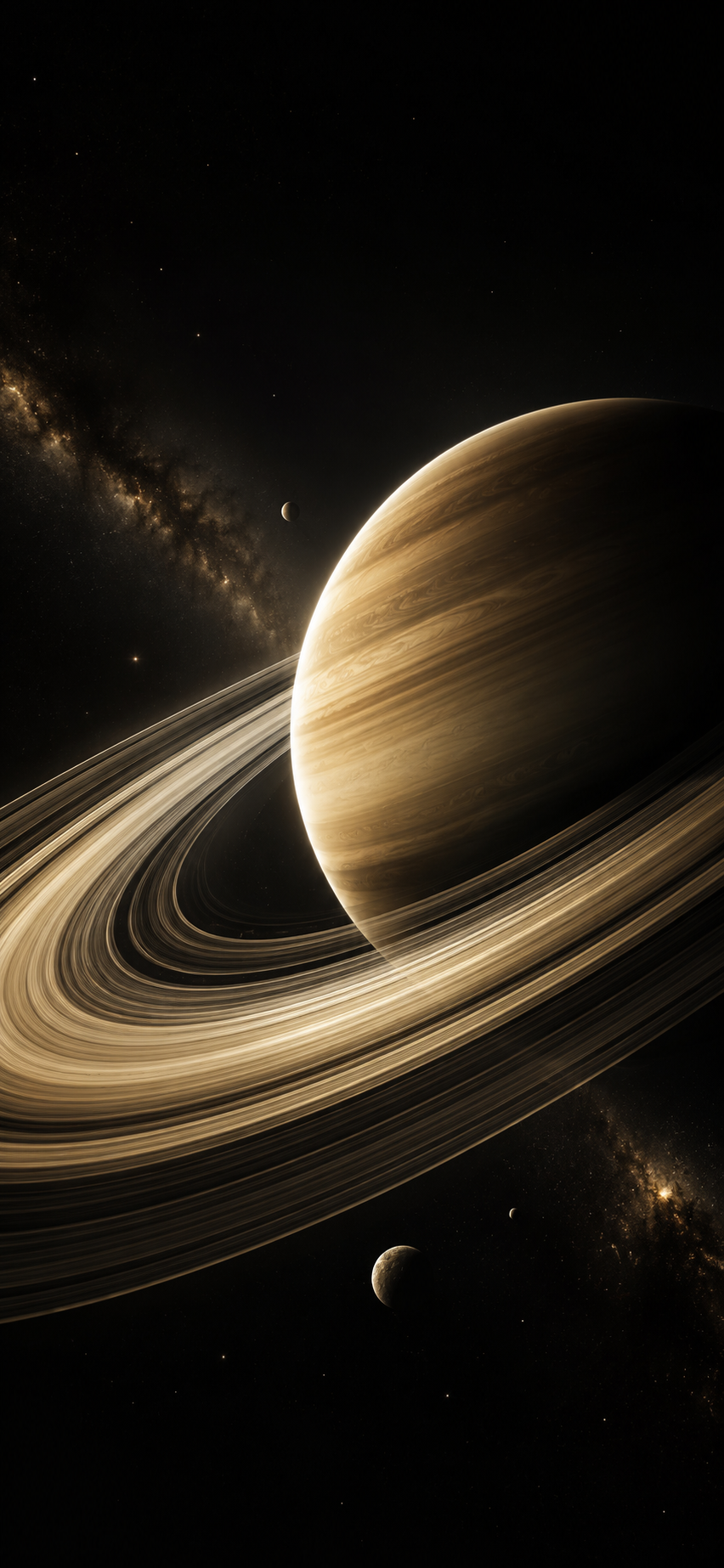Dark iPhone wallpaper with a golden-brown ringed planet, diagonal luminous rings, small moons, and deep black space.