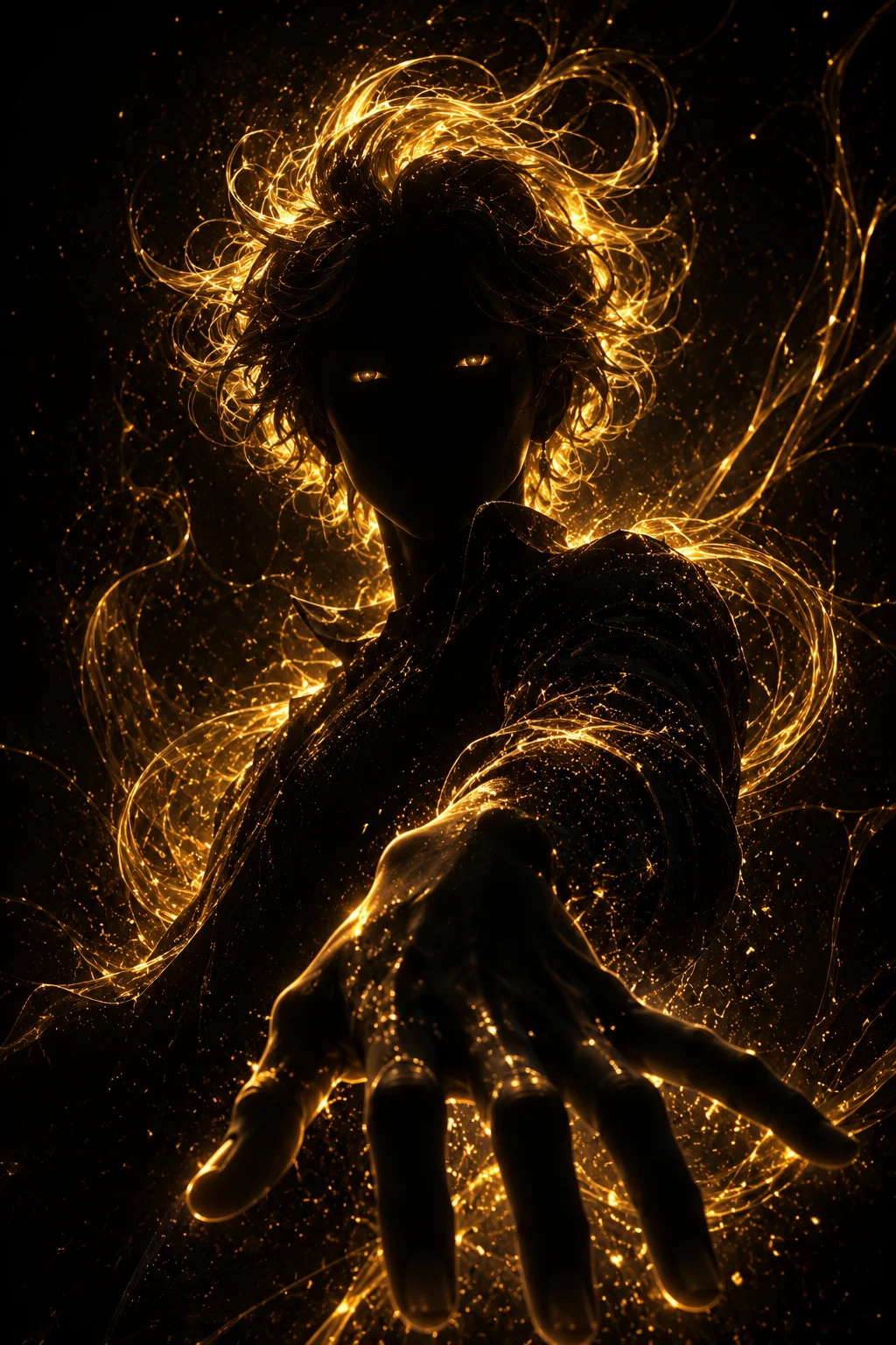 Surreal dark silhouette with glowing gold eyes, luminous hair, flowing golden particles, and a reaching hand.