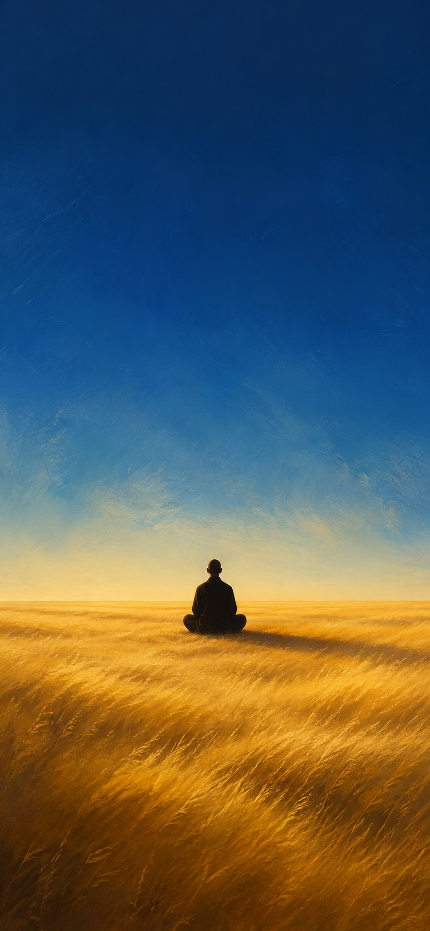 Minimalist meditating silhouette sitting in a golden landscape beneath a deep blue sky.