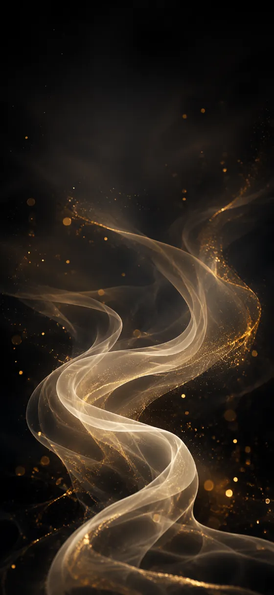 Abstract ivory smoke ribbons with gold glitter particles flowing over a dark charcoal background.