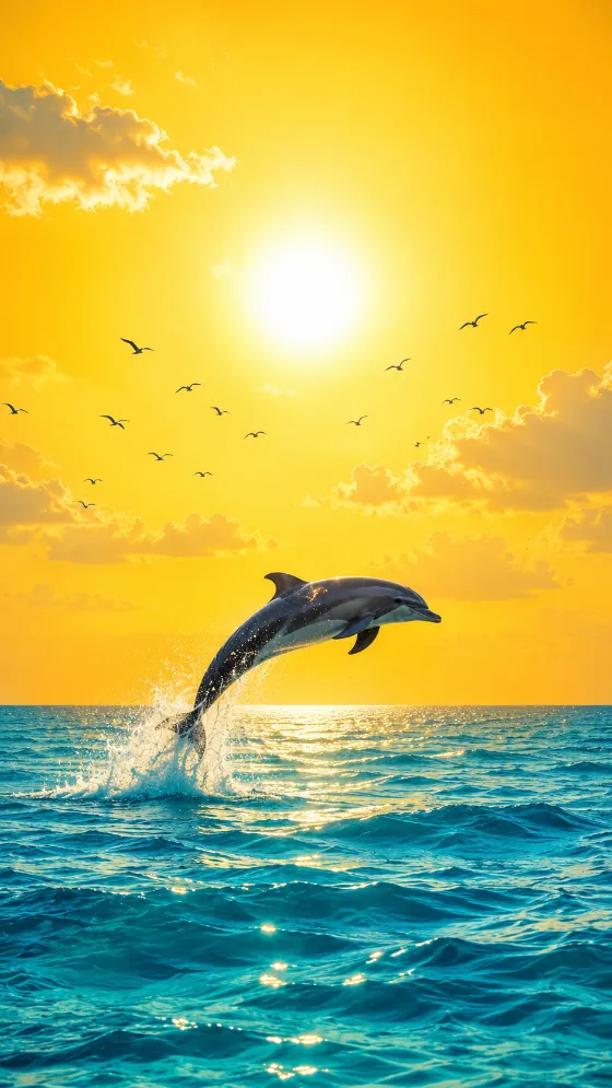 Dolphin leaping above a turquoise ocean beneath a glowing yellow sun with birds in a vertical phone wallpaper.