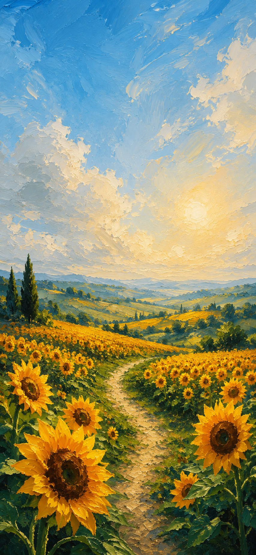 Impressionist sunflower field with winding path beneath a radiant summer sky.