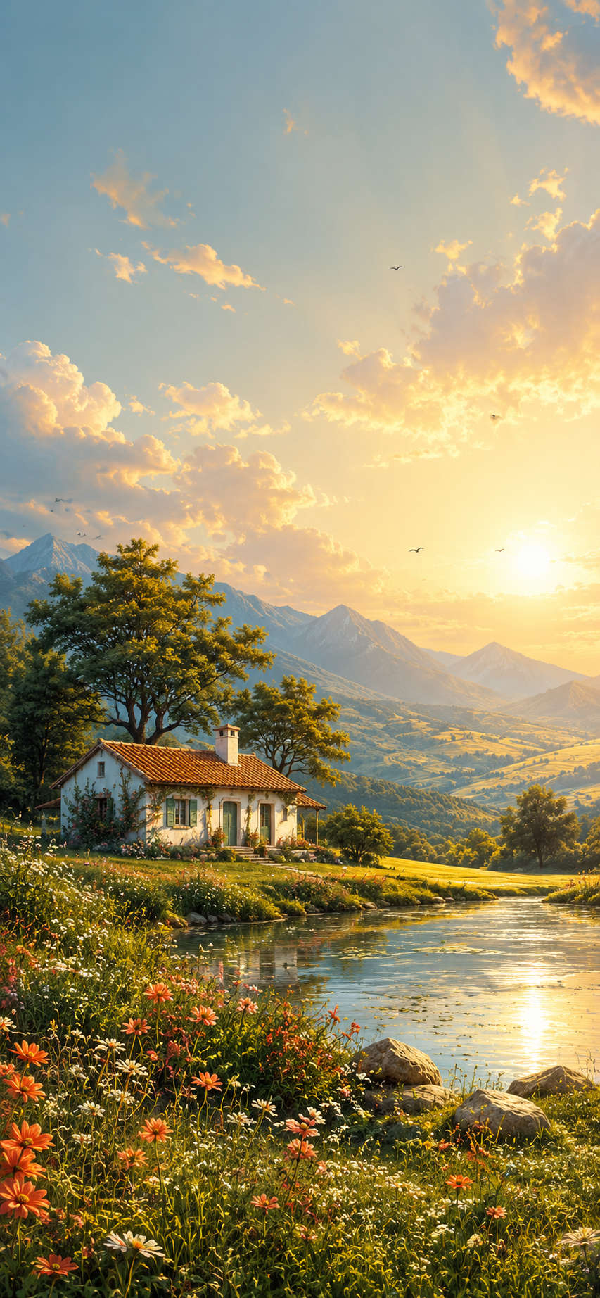 Painterly countryside landscape with a white cottage, colorful wildflowers, golden sunrise, and distant blue mountains.