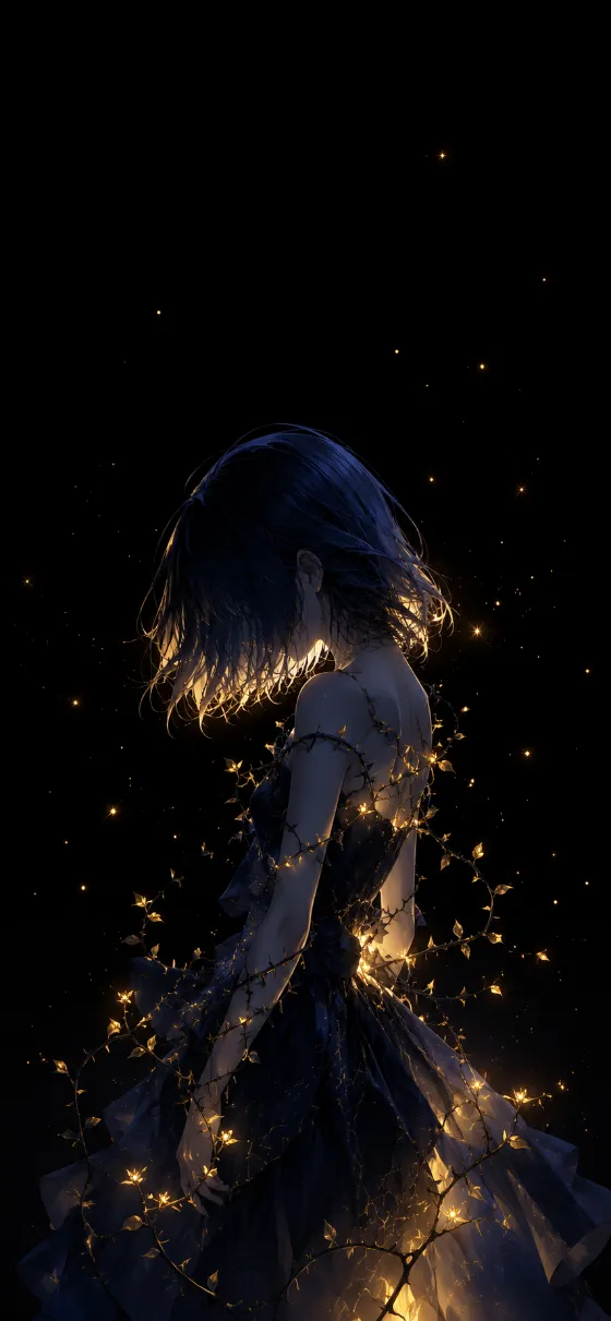 Dark anime-style side profile of a blue-haired figure wrapped in glowing golden thorn vines against a sparse black starry background.