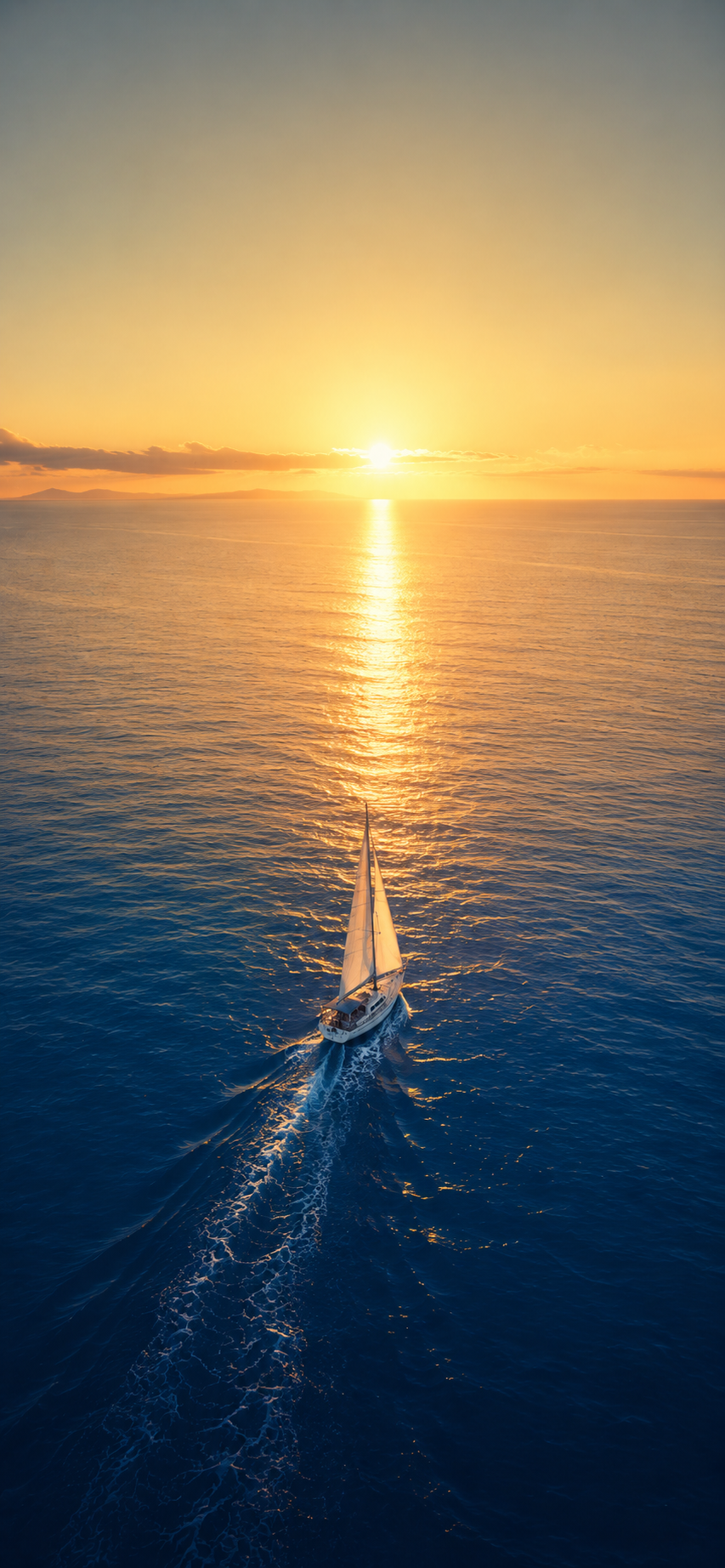 Aerial view of a white sailing yacht crossing a calm blue ocean beneath a glowing golden sunset reflection.