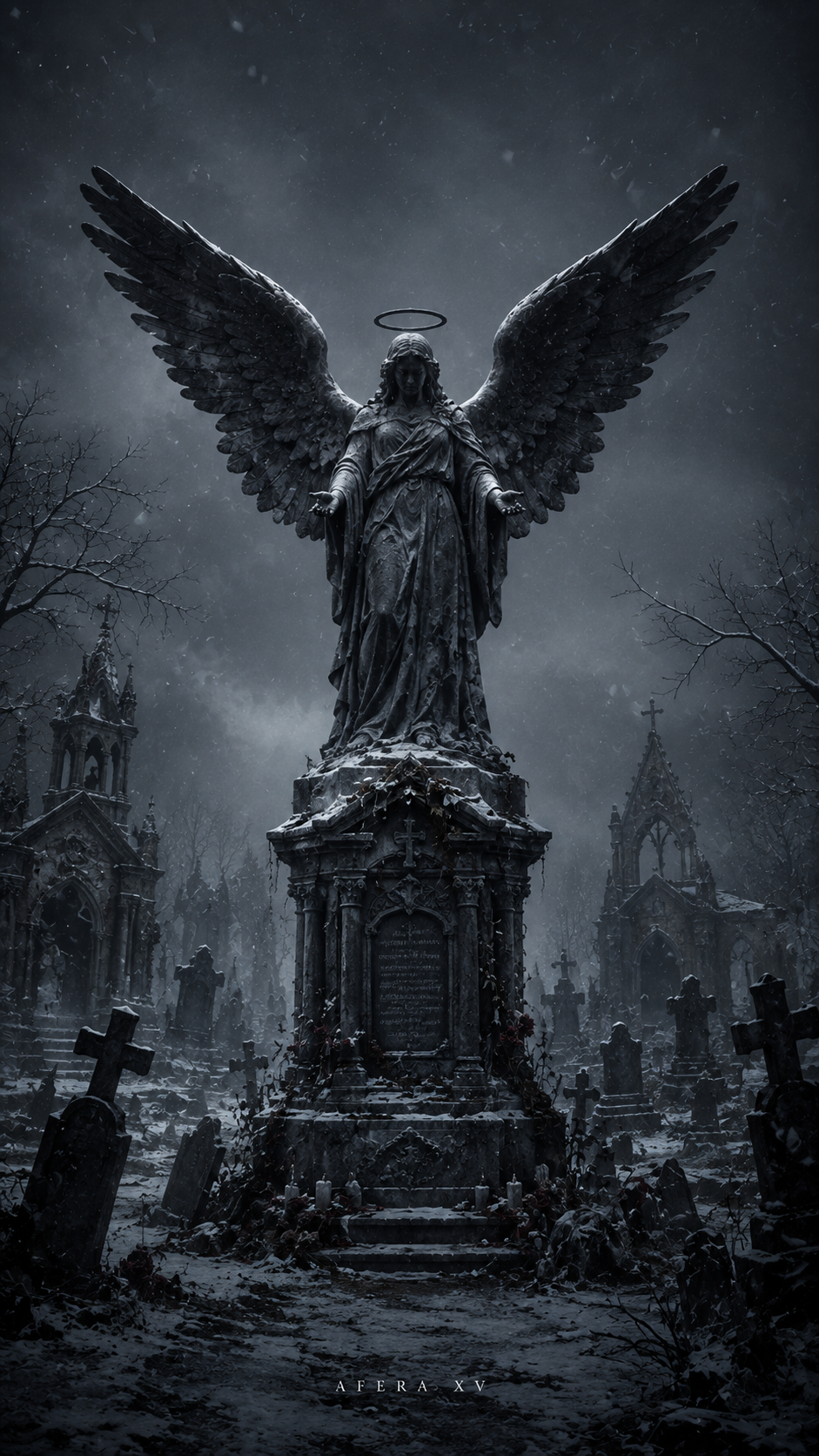 Weathered winged angel statue with halo above a snowy gothic cemetery surrounded by fog and gravestones.