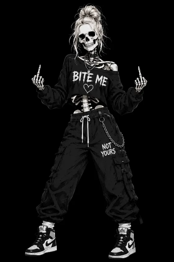Full-body gothic skeleton character wearing black streetwear with a BITE ME sweatshirt and cargo pants.