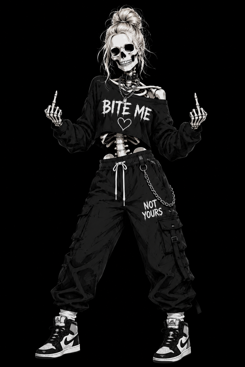 Full-body gothic skeleton character wearing black streetwear with a BITE ME sweatshirt and cargo pants.