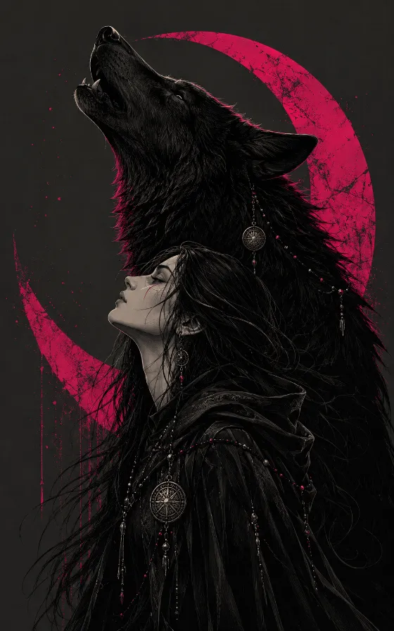 Gothic profile figure and black howling wolf framed by a magenta crescent on charcoal gray.