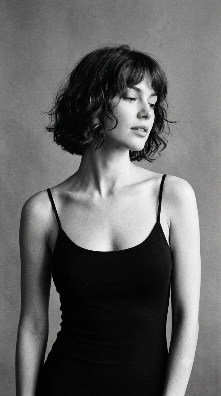 Grainy monochrome editorial portrait with short wavy bob hair, lowered gaze, black spaghetti straps, and soft gray studio background.