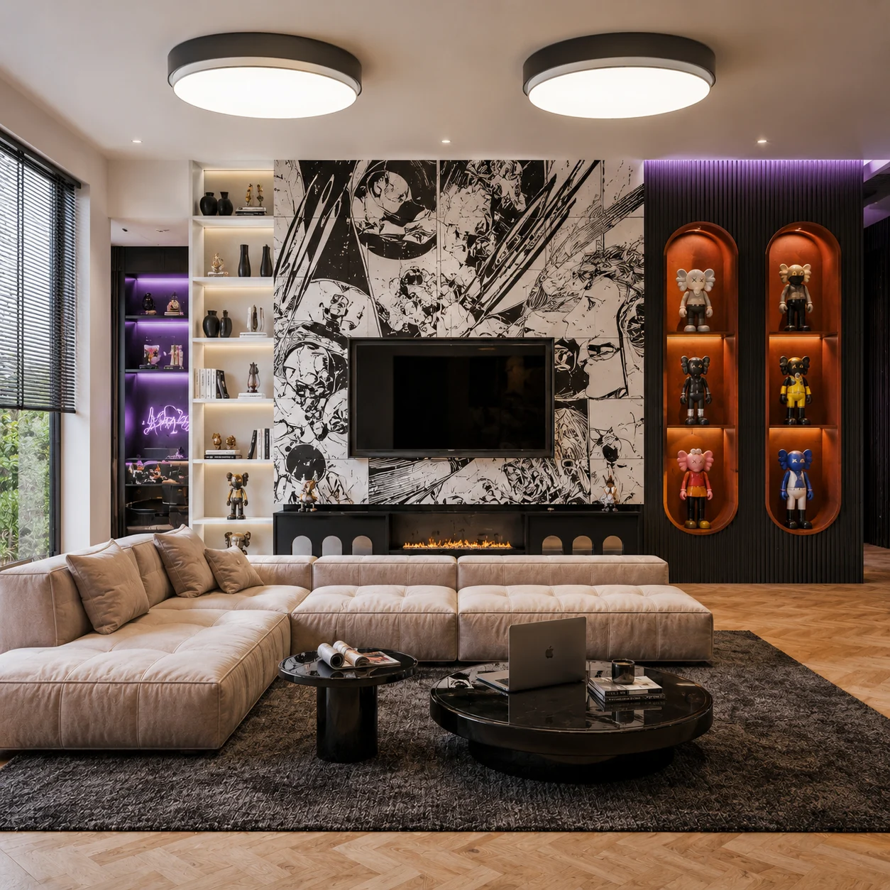 Contemporary lounge with a blush-beige sectional, monochrome mural, black coffee tables, orange display niches, oak floor, and violet lighting.