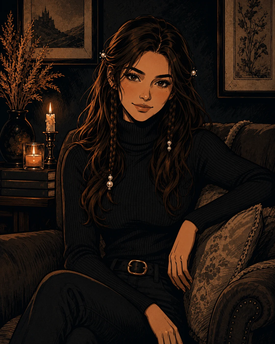 Graphic novel cinematic portrait illustration of a seated woman with bold ink lines, warm candlelight, and cozy interior.