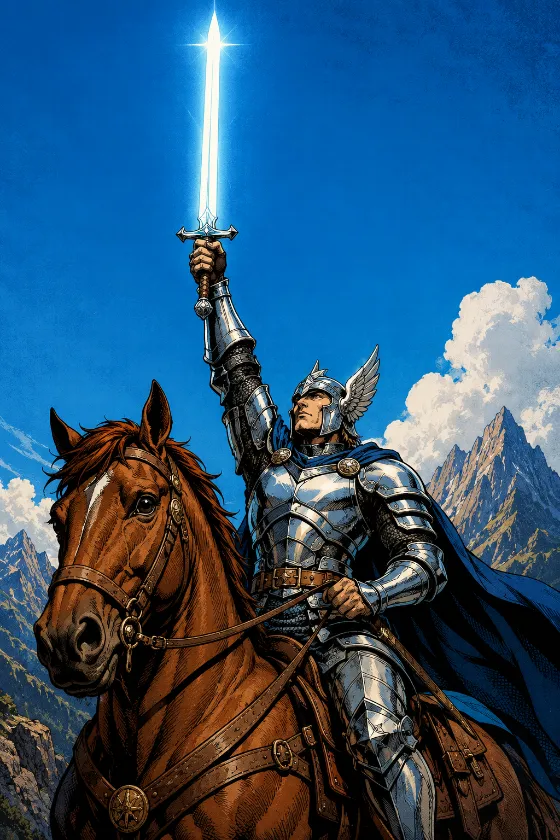 Graphic novel cinematic illustration of an armored rider on a brown horse raising a glowing sword under a blue sky with clouds and distant mountains.