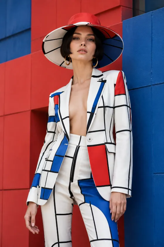 Vertical editorial fashion image of a young Baltic European woman in a graphic printed suit and matching hat against a color-block wall.