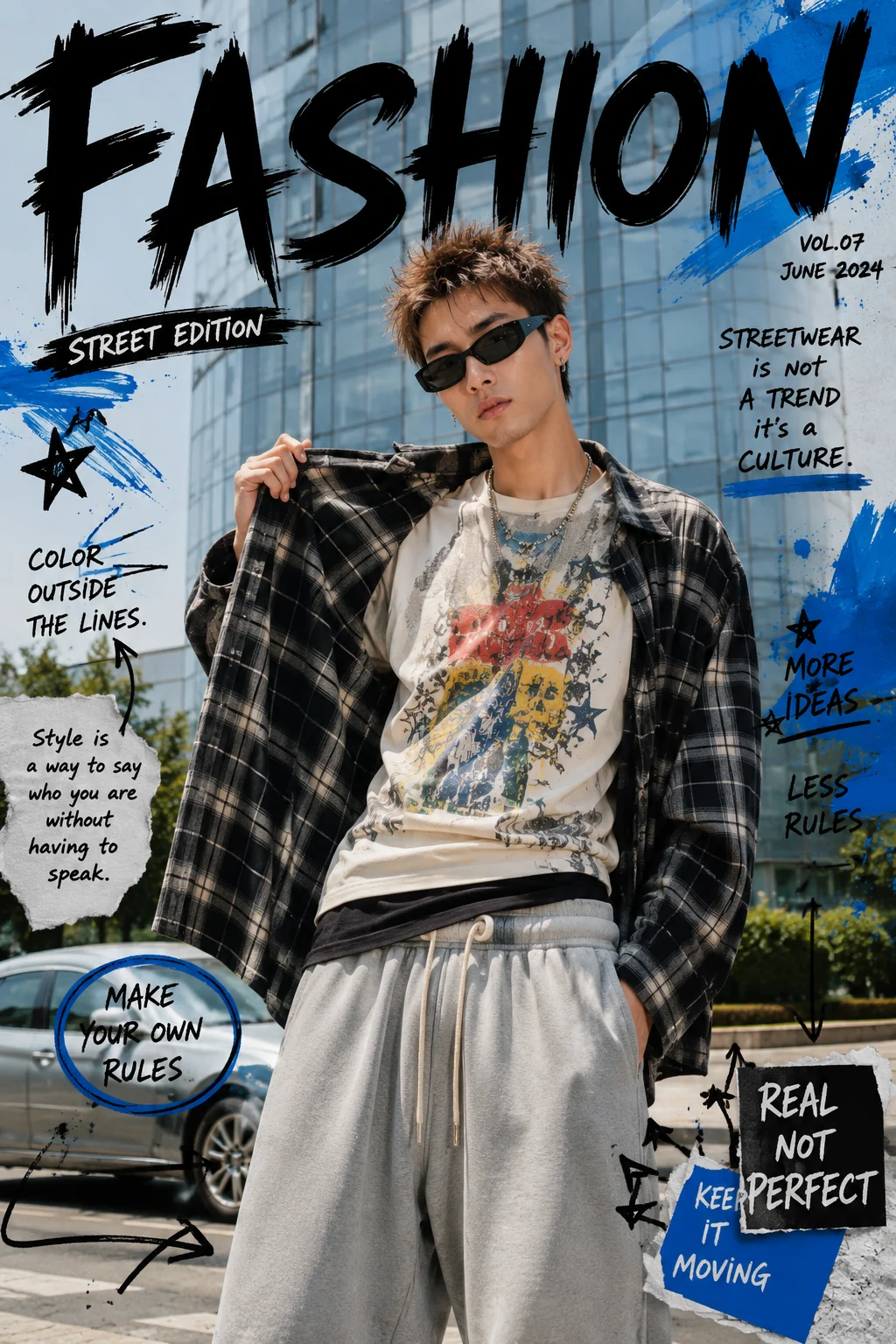 Vertical urban fashion collage with plaid layering, graphic shirt, loose sweatpants, brush lettering, and blue paint accents.