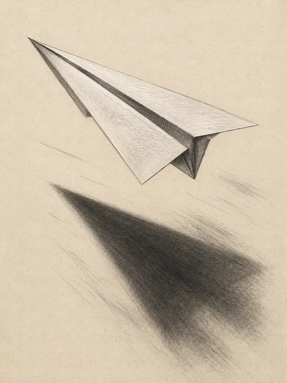 Monochrome pencil sketch of a paper airplane in flight above a dark geometric cast shadow on textured paper.