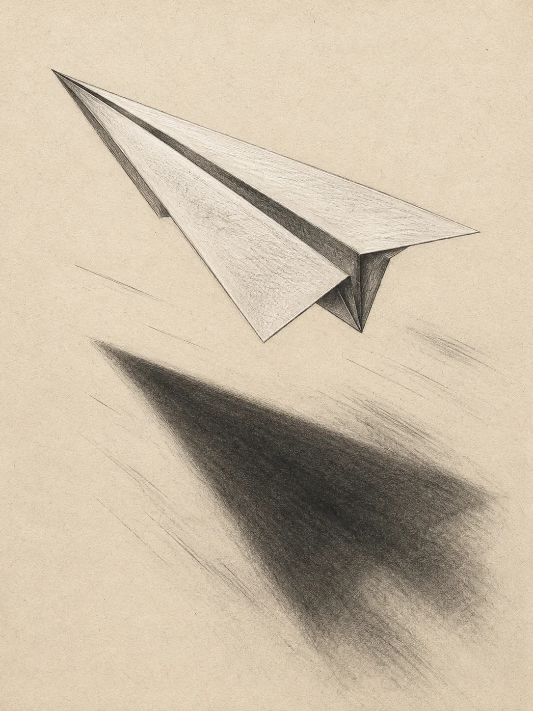 Monochrome pencil sketch of a paper airplane in flight above a dark geometric cast shadow on textured paper.